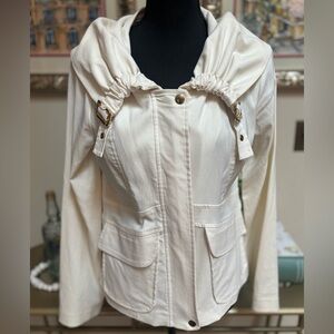 JOSEPH RIBKOFF CREAM TAILORED GOLD BUCKLE DETAIL MOTO UTILITY JACKET SIZE 8